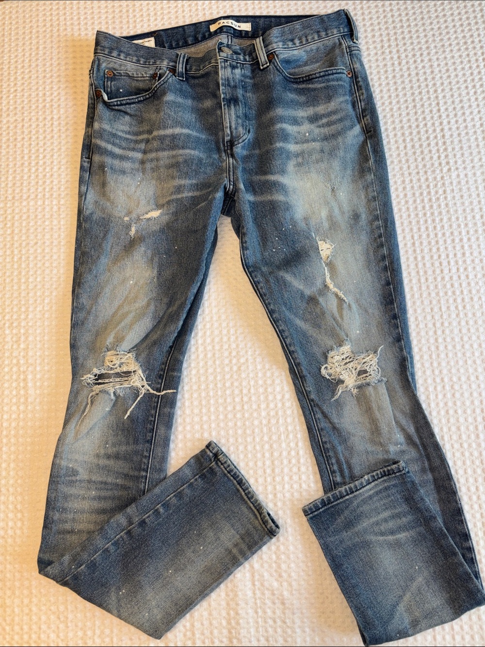 PacSun Men's 32x34 Stacked Skinny Distressed Blue Jeans Slim Straight